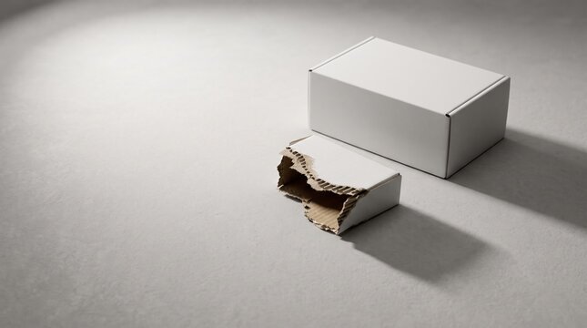white cardboard boxes, one intact and the other damaged and torn open on a gray background.