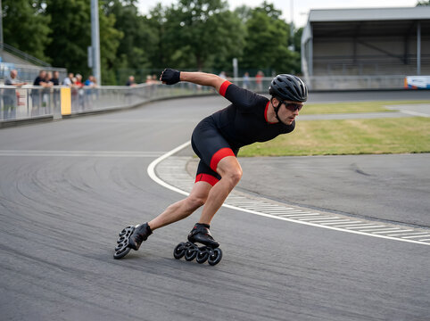 Inline Speed Skater Practicing Deep Cornering on a Track