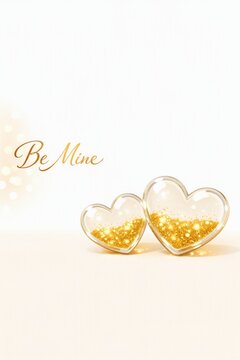Glass heart ornaments with gold glitter and be mine text on soft white background for valentine card design