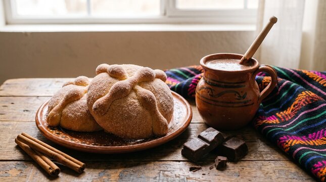 Pan de muerto with hot chocolate and cinnamon