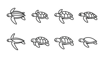 Obraz premium Turtle Icon Set: A collection of eight simple, black and white line art illustrations of turtles, showcasing various styles and details of their shells and flippers.