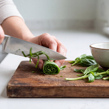 Hand rolling and slicing fresh basil leaves into chiffonade ribbons mid action on cutting board