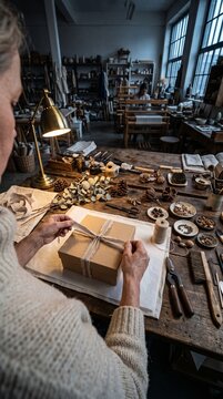 Woman artisan wrapping handmade gift box with fabric ribbon on wooden workbench in rustic craft workshop