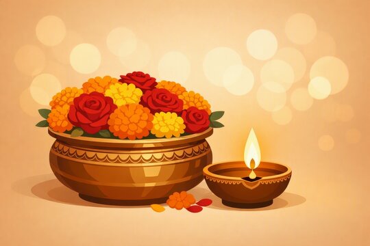 Traditional diwali brass bowl with marigold and rose flowers and lit oil lamp for festival decoration and greeting banner