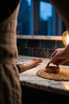 Artisan Baker Cutting Cookie Dough with a Vintage Copper Cutter on a Marble Countertop