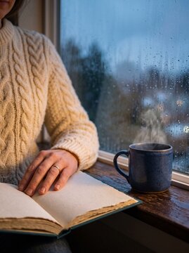 Cozy Woman in Knitted Sweater Reading a Book by a Rainy Window with a Steaming Cup of Coffee