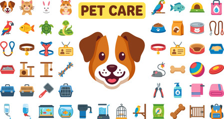 Fototapeta premium Comprehensive Pet Care Icons Set Featuring Dogs Cats Birds Fish Reptiles Accessories Food Grooming Toys Medical Supplies