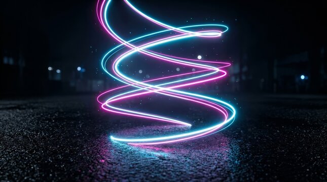 Bright pink and blue neon swirls hover over a wet urban street at night, creating a captivating light effect.