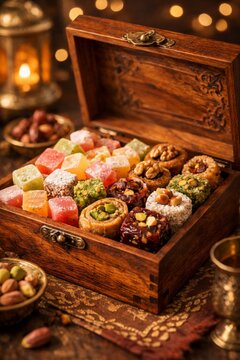 Assorted middle eastern and mediterranean sweets in a wooden gift box for eid celebration and festive dessert platter design