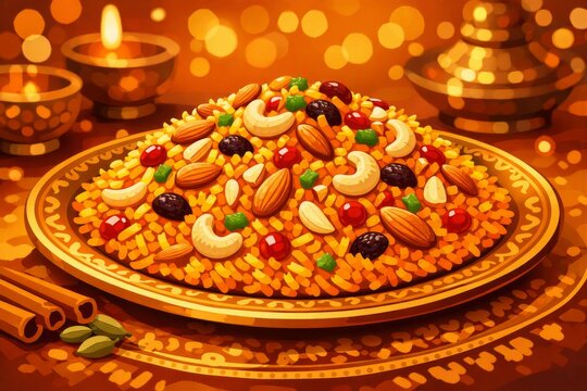 Traditional festive sweet rice with nuts and dried fruit for diwali celebration background for banner poster and holiday food design
