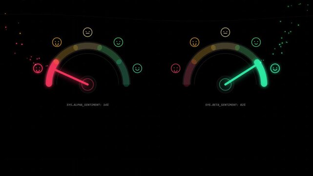 Digital dashboard interface displaying two sentiment gauges with contrasting readings, one high and positive in green and one low and negative in red against a dark background