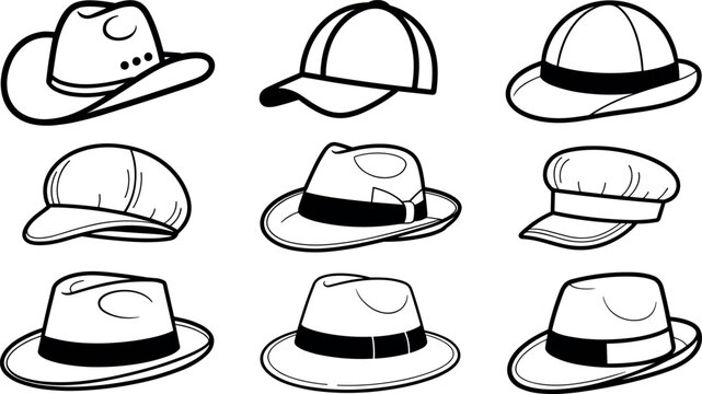 Collection of various stylish hats and caps vector illustration line icons