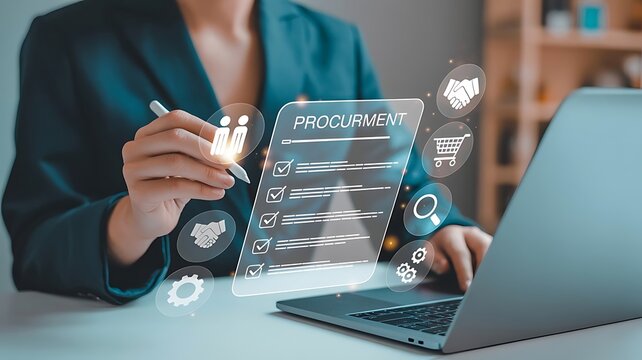 Business professional using a laptop with digital procurement interface and icons representing supply chain management