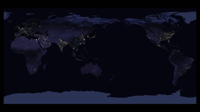 Equirectangular world map with night lights. Plate Carree projection showing glowing cities and urban areas. Dark continents and illuminated coastlines visible.