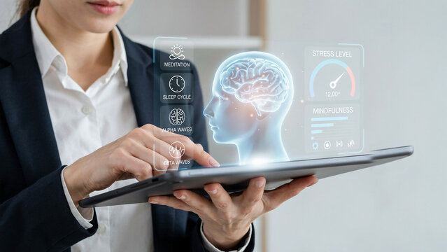 Woman in Business Attire Analyzing Brain Scan Data on Futuristic Holographic Display hologram technology