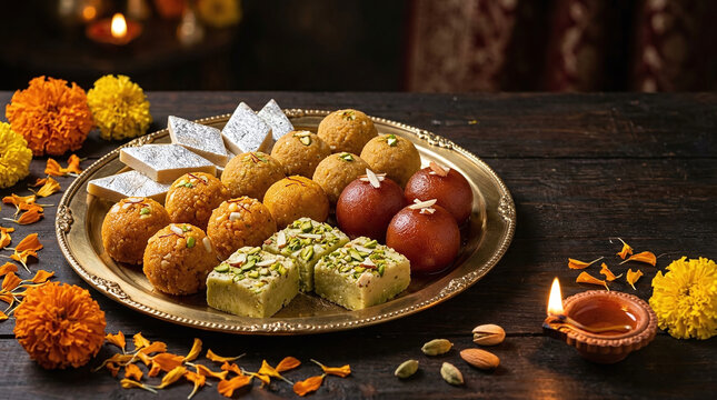 Traditional Indian sweets and festive snacks arranged on a decorative l tray with marigold flowers and diyas