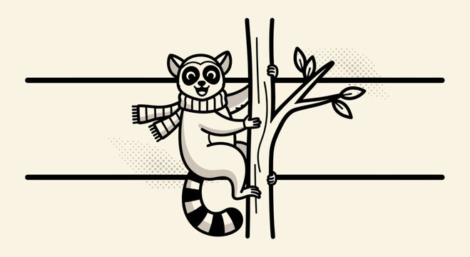 Minimalist line art lemur climbing a tree branch.