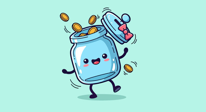 Cute money jar cartoon mascot with jumping coins.