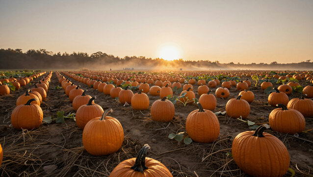 Pumpkin patch field at sunset during autumn harvest