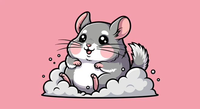 Cute cartoon chinchilla character sitting in fluffy clouds