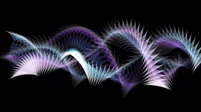 Abstract digital art featuring rhythmic wave patterns of translucent triangular shapes in shades of blue and purple against a black background