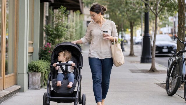 Clear street scene showing a mother on the move with a stroller and errands, making everyday outside parenting instantly readable and relatable.