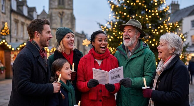 Group singing Christmas carols, Multigenerational family singing Christmas carols outdoors in festive town square  
