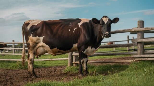 Holstein Friesian cow standing in a green pasture during daytime with a wooden fence in the background