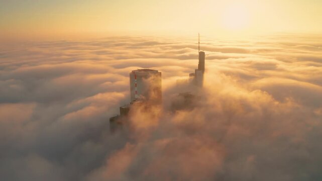 Aerial view of Frankfurt skyline above fog, Germany.