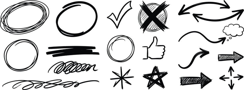 Hand Drawn Circles, Checkmarks, Cross Marks, and Thumbs Up Vector Set on Transparent Background