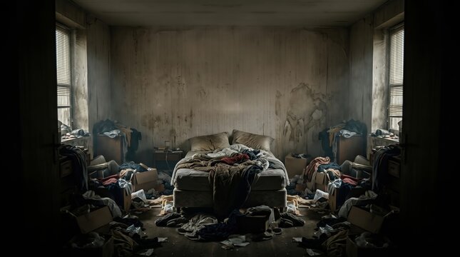 a dirty and cluttered bedroom with clothes and items scattered all over the place.