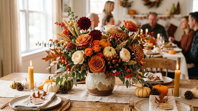 Thanksgiving table centerpiece with autumn flowers and pumpkins