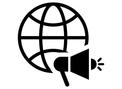 Global World Grid with Megaphone Icon for International Public Relations