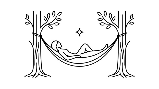 A minimalist line art illustration of a relaxed woman resting in a hammock suspended between two tall trees under a single glowing star icon