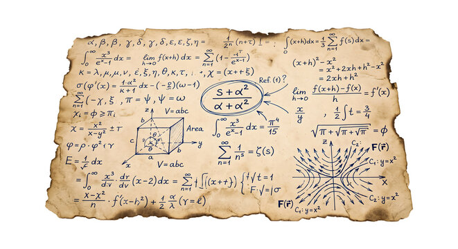 Ancient mathematical manuscript on burnt parchment featuring complex geometry and physics formulas for study.