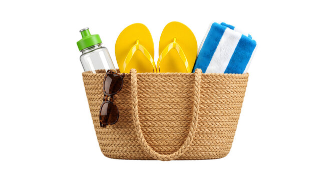 Beach bag with yellow flip flops, sunglasses, towel, and water bottle for summer vacation accessories.