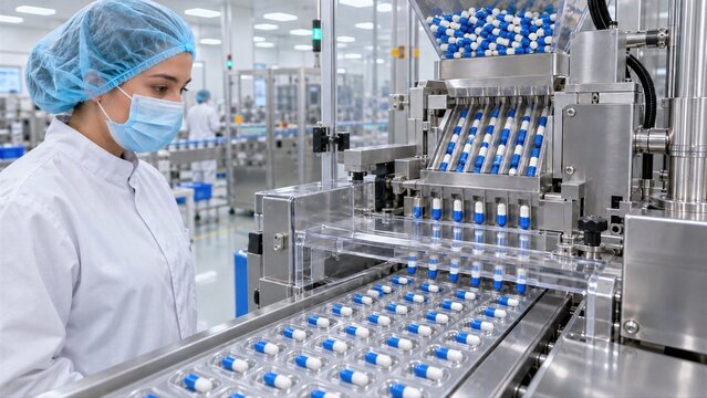 Cleanroom worker monitors capsule placement in blister packs, highlighting pharmaceutical manufacturing, packaging accuracy and sterile production workflow.