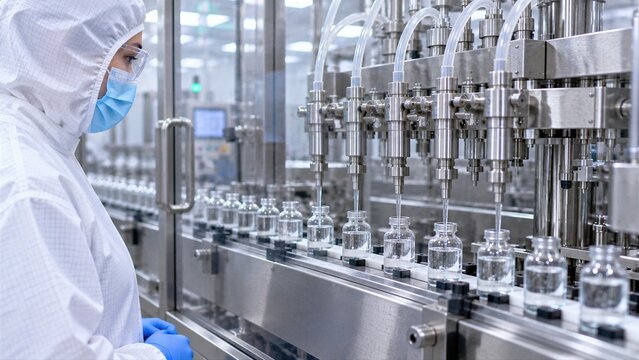 Clear liquid enters pharmaceutical vials under sterile conditions, creating strong concept for aseptic manufacturing, process control and cleanroom safety.