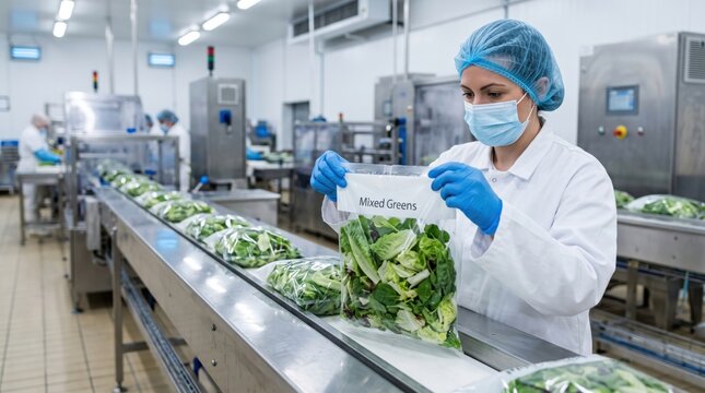 Worker checks seal on packaged leafy greens, showing fresh salad safety, packaging integrity, hygiene and quality control in modern chilled produce facility.