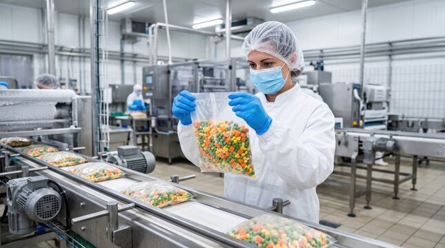 Food production employee inspects sealed mixed vegetables before distribution, highlighting contamination prevention and professional frozen packaging standards.