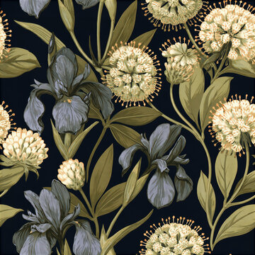 Dark botanical floral pattern with cream blossoms and blue leaves for textile design