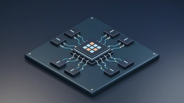 Isometric processor chip with glowing circuit paths connecting memory modules on dark platform. Data flows across motherboard network. Tech aesthetic for computing and innovation themes.
