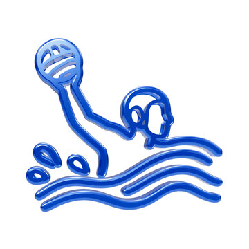Glossy blue water polo player throwing ball symbol with water splashes and waves sport