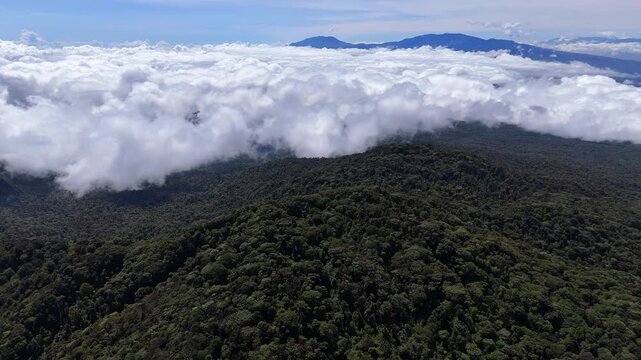 Aerial view above the clouds over the mountains of Heredia, Costa Rica