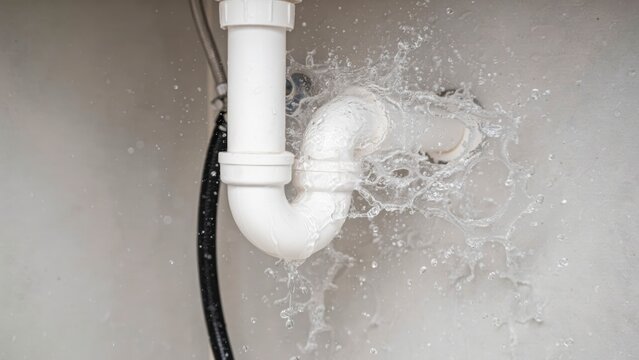 Water leaking from a white plastic sink pipe under the cabinet