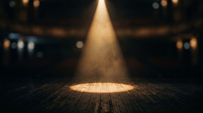 Single bright warm spotlight hitting empty dark wooden stage in old theater setting creates dramatic atmosphere for live performance events and artistic productions
