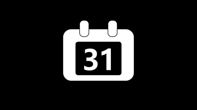 Minimalist calendar with number 31 animation on black background, date thirty-one deadline