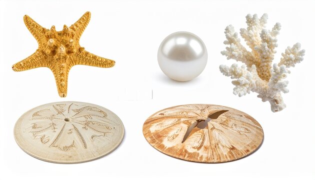Marine collection with starfish, coral, shell, pearl, sand dollar