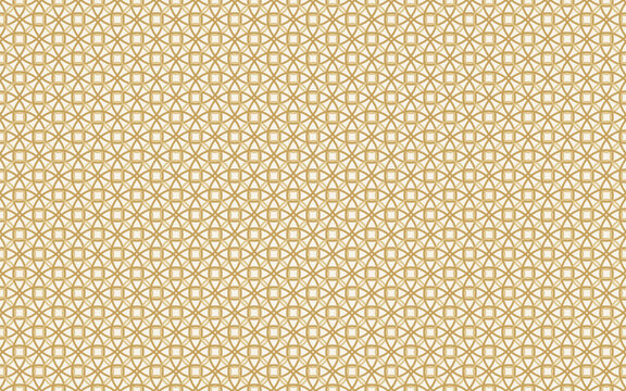Seamless geometric pattern of interlocking golden circles and squares on a cream background