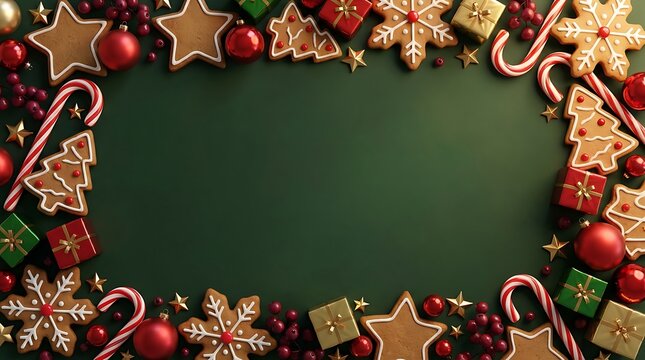 Festive christmas arrangement with gingerbread cookies candy canes and red ornaments on dark green background
